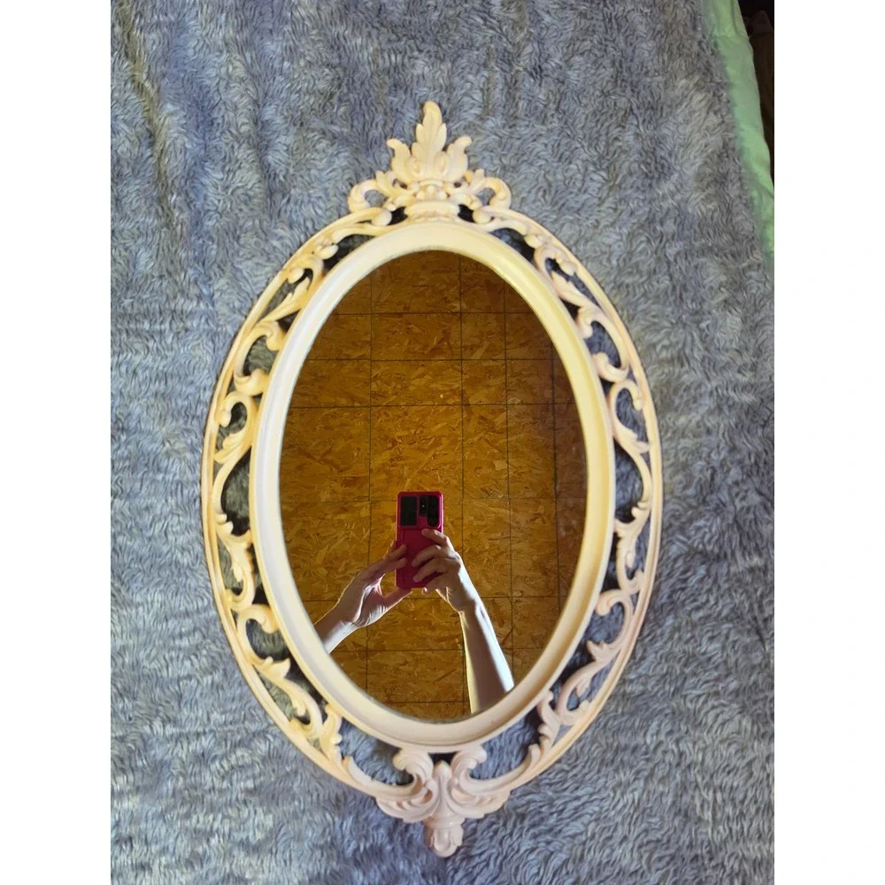 Vintage Burwood Products Co, Ornate Scroll pink Oval Wall Mirror 4405 29